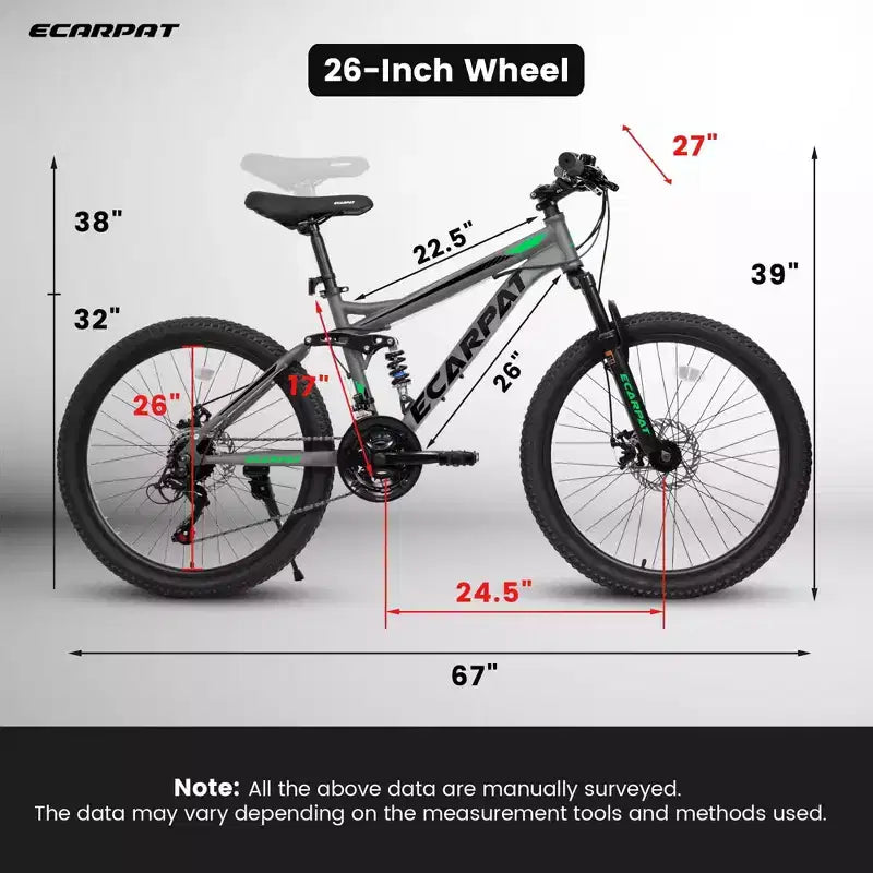 VTT Okak 26 pouces avec freins à disque, vélo adulte 21 vitesses avec cadre durable et double amortissement arrière, vélo pour le cyclisme sur route en ville