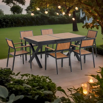 Ensemble de salle à manger d'extérieur extensible 7 pièces avec table extensible et 6 fauteuils