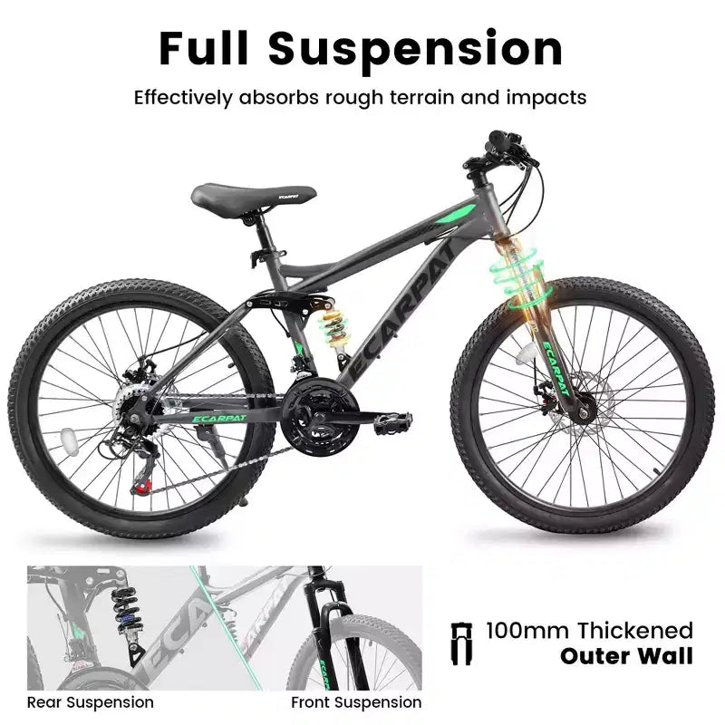 Vélo de montagne Okak 27,5 pouces avec double amortisseur avant et arrière, VTT 21 vitesses avec frein à disque mécanique, vélo adulte pour hommes et femmes