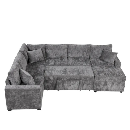 Canapé d'angle en chenille convertible, canapé-lit en forme de L avec pouf de rangement, 3 oreillers et dispositifs de charge