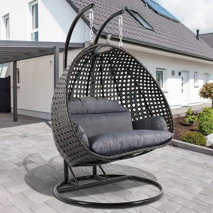 Fauteuil suspendu en forme d'œuf avec support métallique, cadre en osier et coussin – Beige / Bleu anthracite / Blanc / Bleu / Blanc antique / Marron / Toile, 2 places