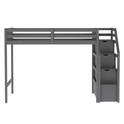 Lit mezzanine double sur lit double en bois avec escalier, balustrades hautes et échelle