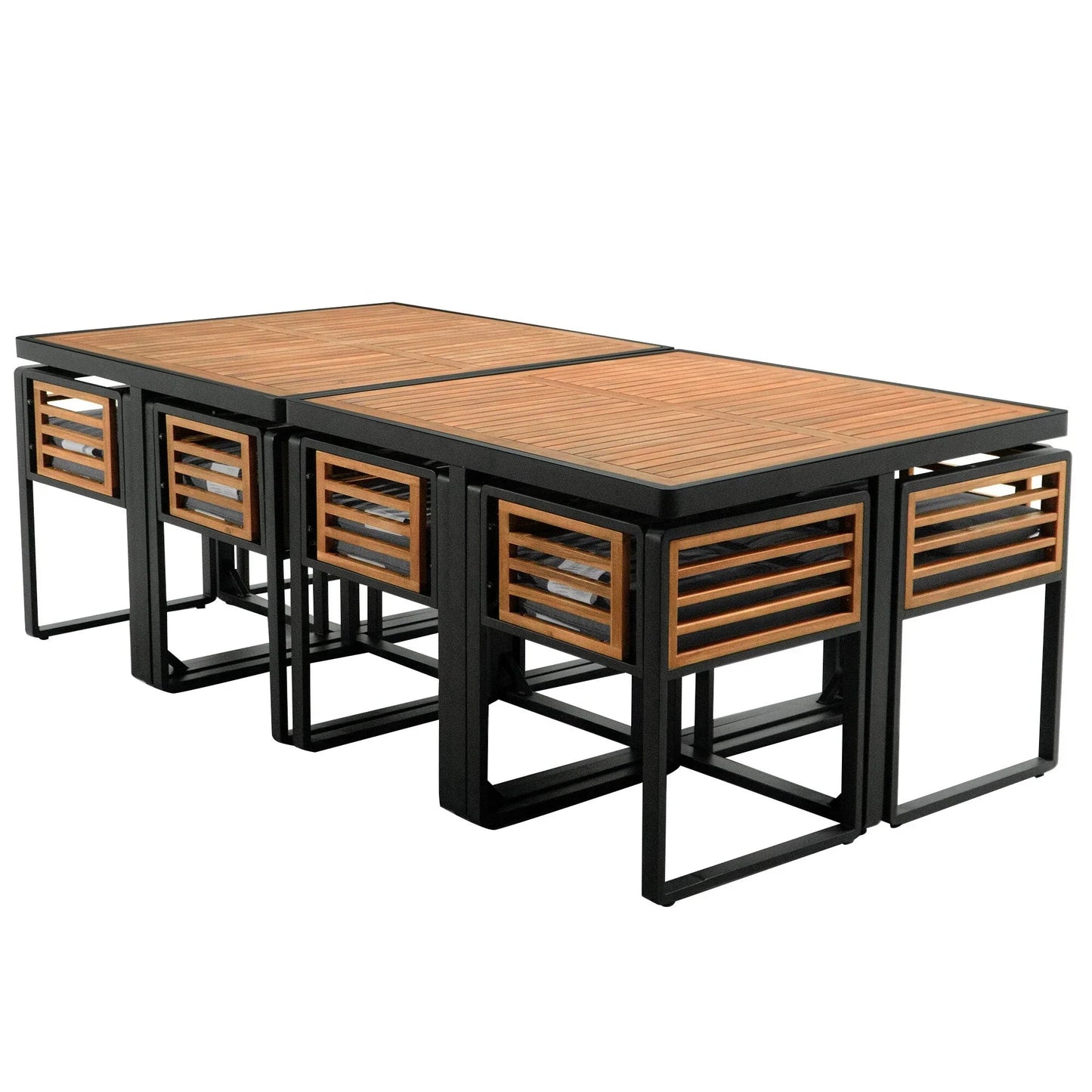 Ensemble de salle à manger d'extérieur 18 pièces en bois d'acacia, 8 chaises rembourrées, 8 poufs et 2 tables carrées