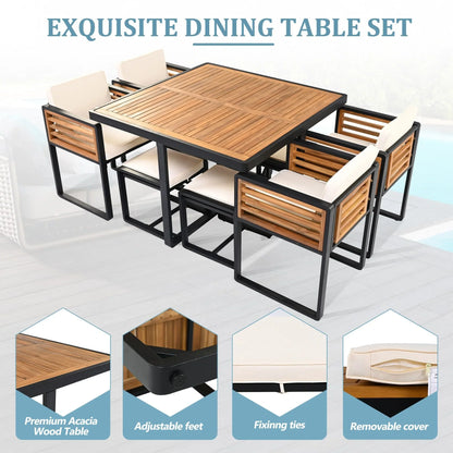 Ensemble de salle à manger d'extérieur 18 pièces en bois d'acacia, 8 chaises rembourrées, 8 poufs et 2 tables carrées