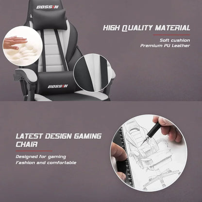 Chaise de jeu style course BOSSIN, fauteuil gamer grande taille 300 lb, chaise d'ordinateur à dossier haut