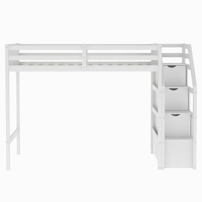 Lit mezzanine double sur lit double en bois avec escalier, balustrades hautes et échelle