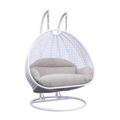 Fauteuil suspendu en forme d'œuf avec support métallique, cadre en osier et coussin – Beige / Bleu anthracite / Blanc / Bleu / Blanc antique / Marron / Toile, 2 places