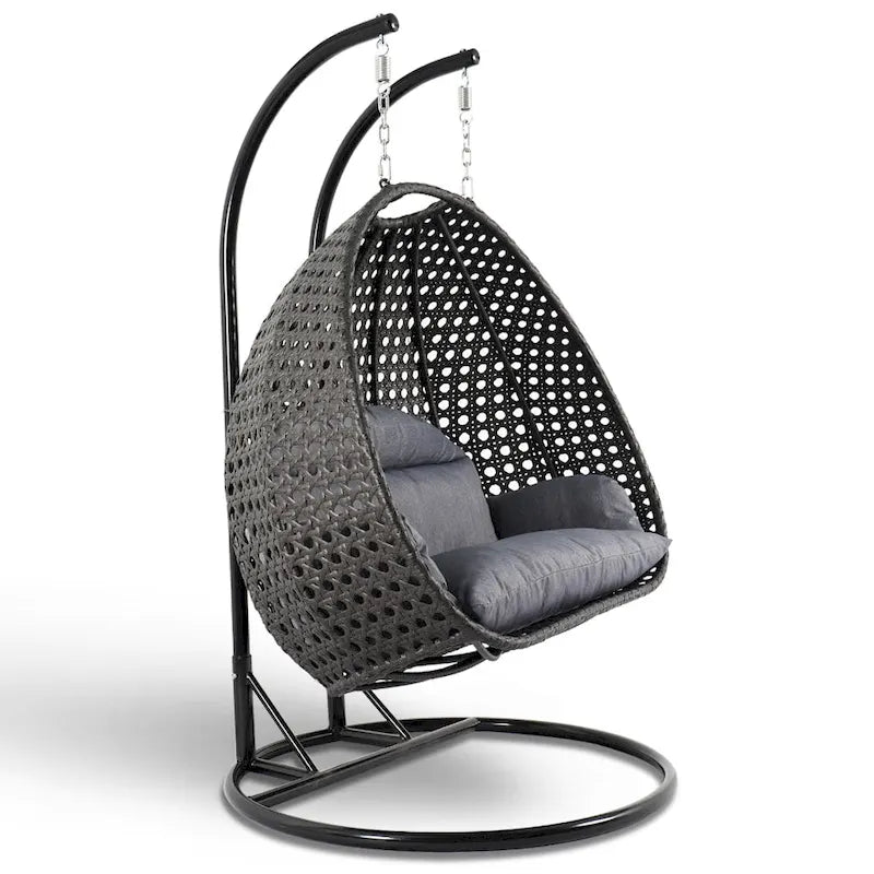 Fauteuil suspendu en forme d'œuf avec support métallique, cadre en osier et coussin – Beige / Bleu anthracite / Blanc / Bleu / Blanc antique / Marron / Toile, 2 places