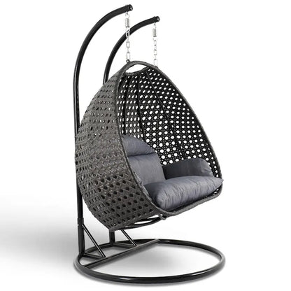 Fauteuil suspendu en forme d'œuf avec support métallique, cadre en osier et coussin – Beige / Bleu anthracite / Blanc / Bleu / Blanc antique / Marron / Toile, 2 places