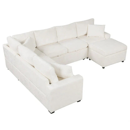 Canapé d'angle en chenille convertible, canapé-lit en forme de L avec pouf de rangement, 3 oreillers et dispositifs de charge