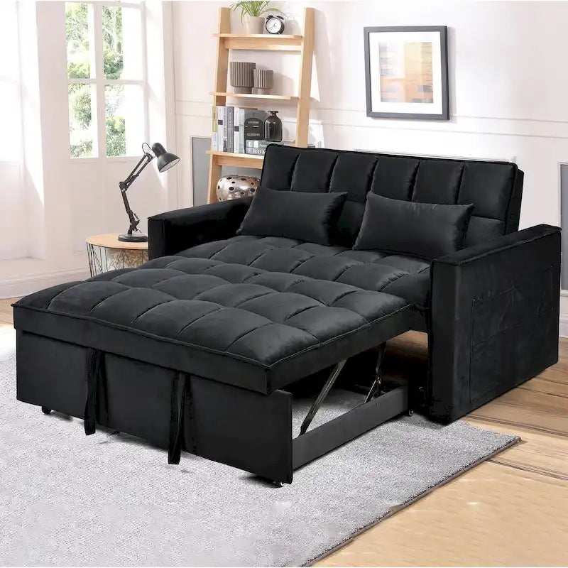 Causeuse futon moderne en velours avec dossier inclinable et poches, 2 places ??Gris foncé / Gris clair / Bleu / Noir