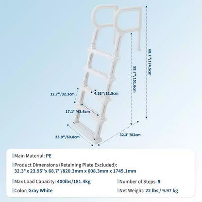 Échelle de piscine robuste à 5 marches avec double main courante Marches antidérapantes en PE résistant Capacité de 180 kg Convient aux piscines enterrées et hors sol de 122 à 137 cm