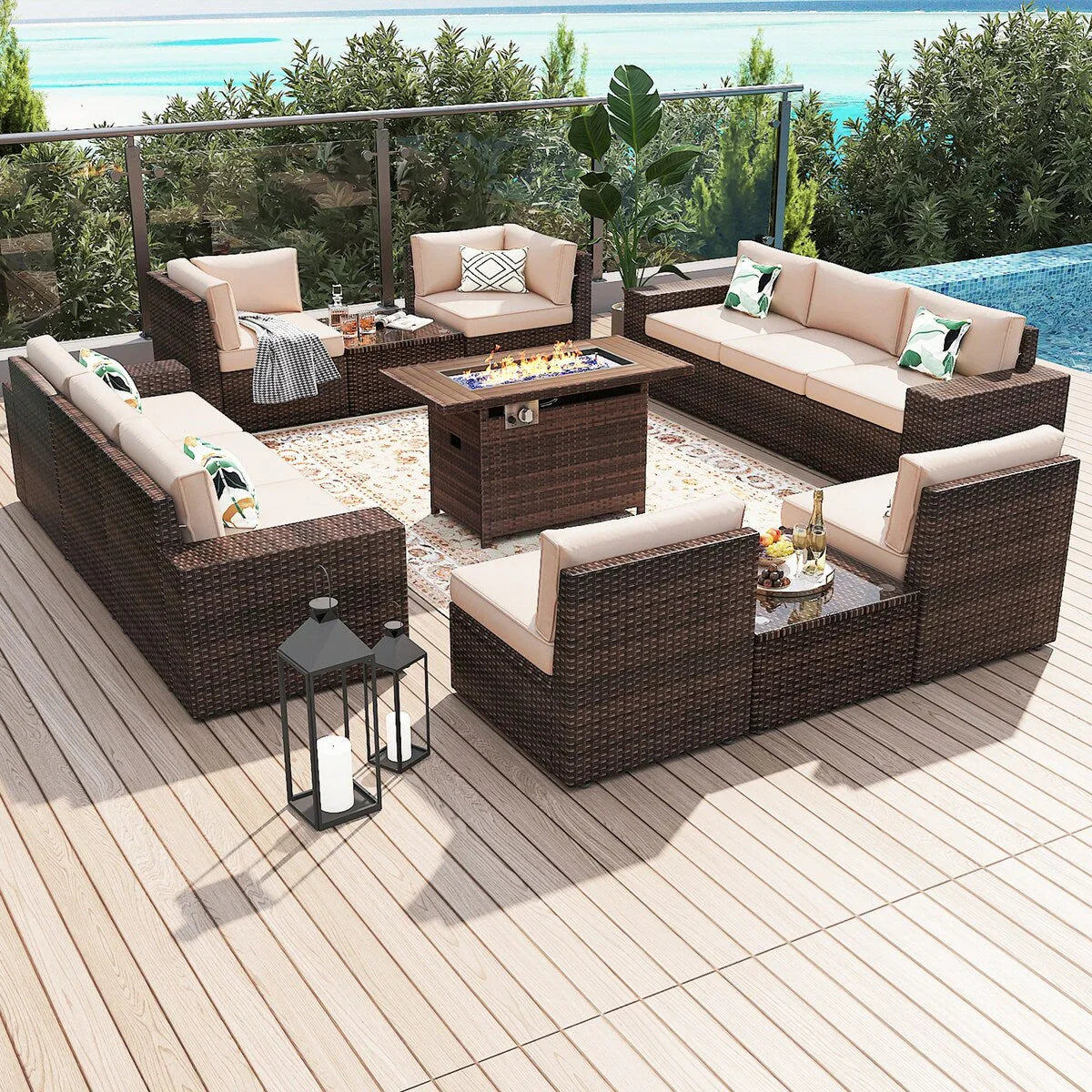 Ensemble de mobilier de jardin 13 pièces avec table brasero de 44 pouces