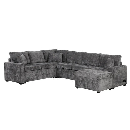 Canapé d'angle en chenille convertible, canapé-lit en forme de L avec pouf de rangement, 3 oreillers et dispositifs de charge