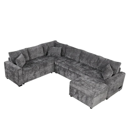 Canapé d'angle en chenille convertible, canapé-lit en forme de L avec pouf de rangement, 3 oreillers et dispositifs de charge