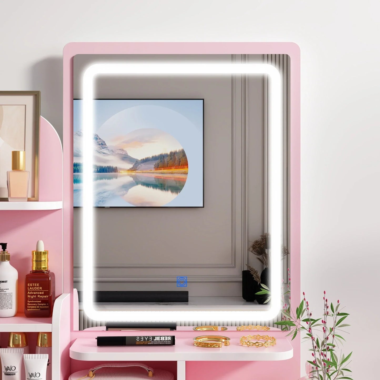 Coiffeuse avec miroir LED intégré et tabouret