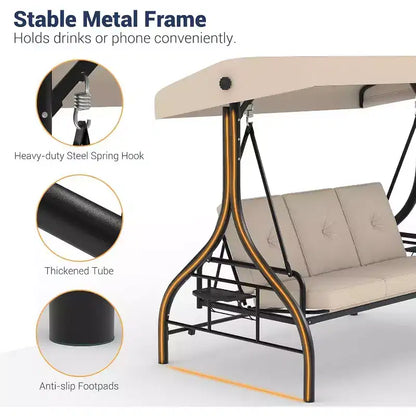 Balançoire de jardin convertible 2-en-1 à 3 places avec auvent réglable, lit de balançoire de patio avec support, coussins épais et porte-gobelets, pour jardin, cour ou porche