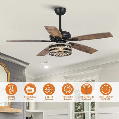 Ventilateur de plafond 52" Farmhouse Driftwood avec 5 pales, cage noire et télécommande