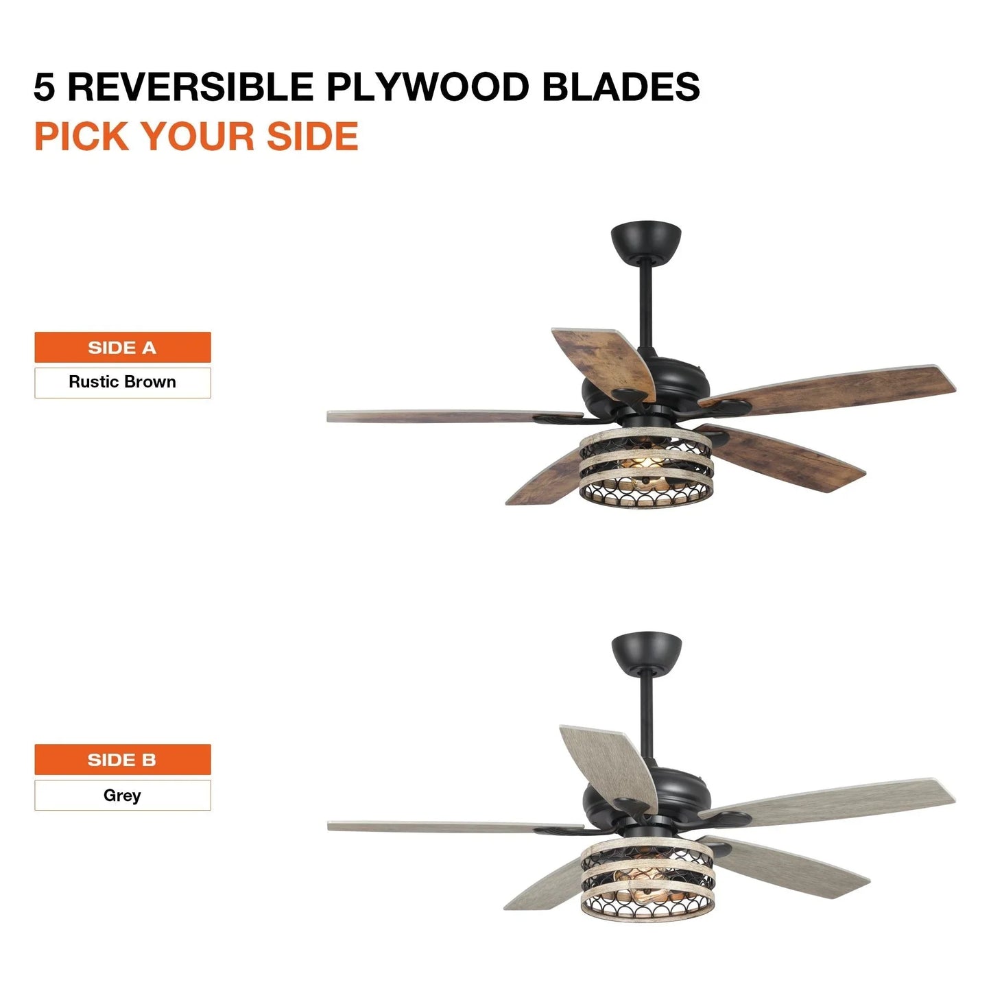 Ventilateur de plafond 52" Farmhouse Driftwood avec 5 pales, cage noire et télécommande