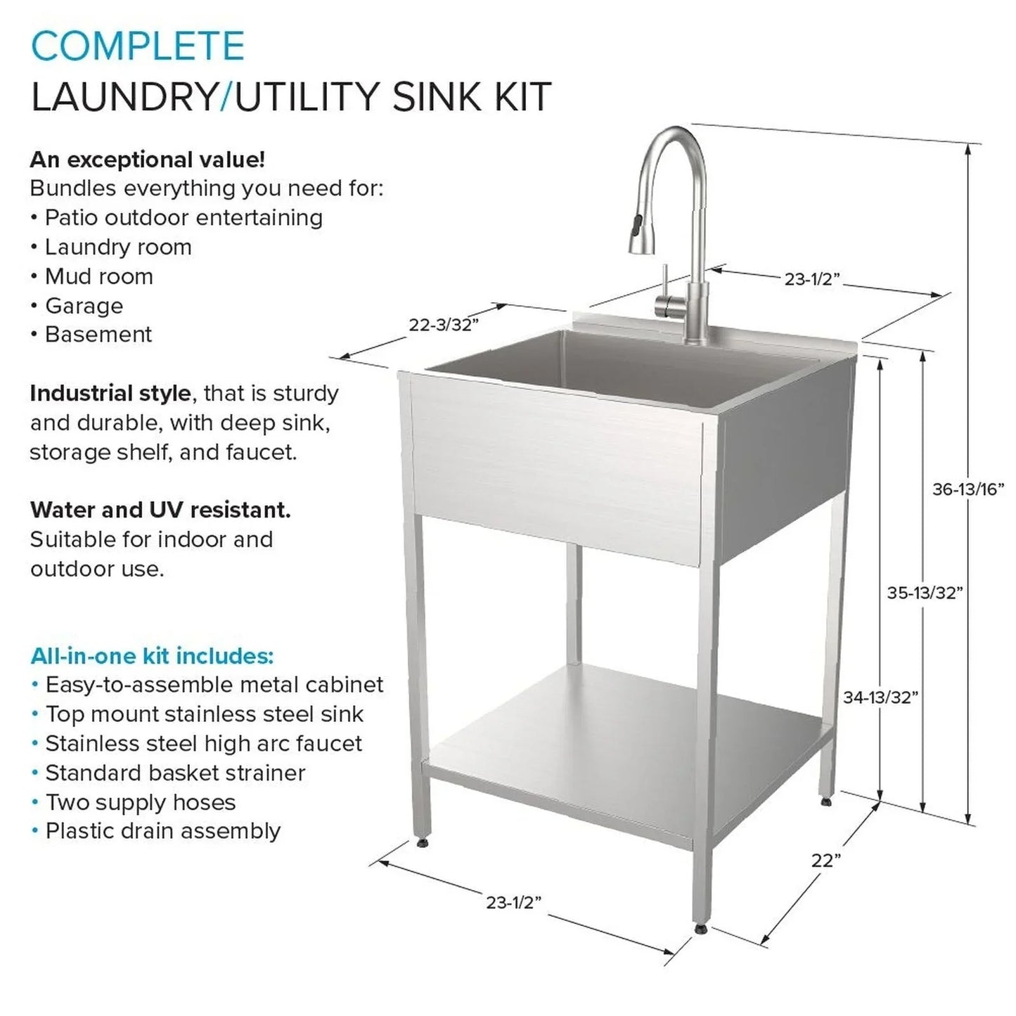 Transolid EWS-2422S Évier de buanderie et support de lavage en acier inoxydable de 24 po L x 22 po P x 35 po H - 24 po x 22 po