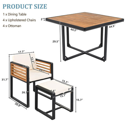 Ensemble de salle à manger d'extérieur 18 pièces en bois d'acacia, 8 chaises rembourrées, 8 poufs et 2 tables carrées