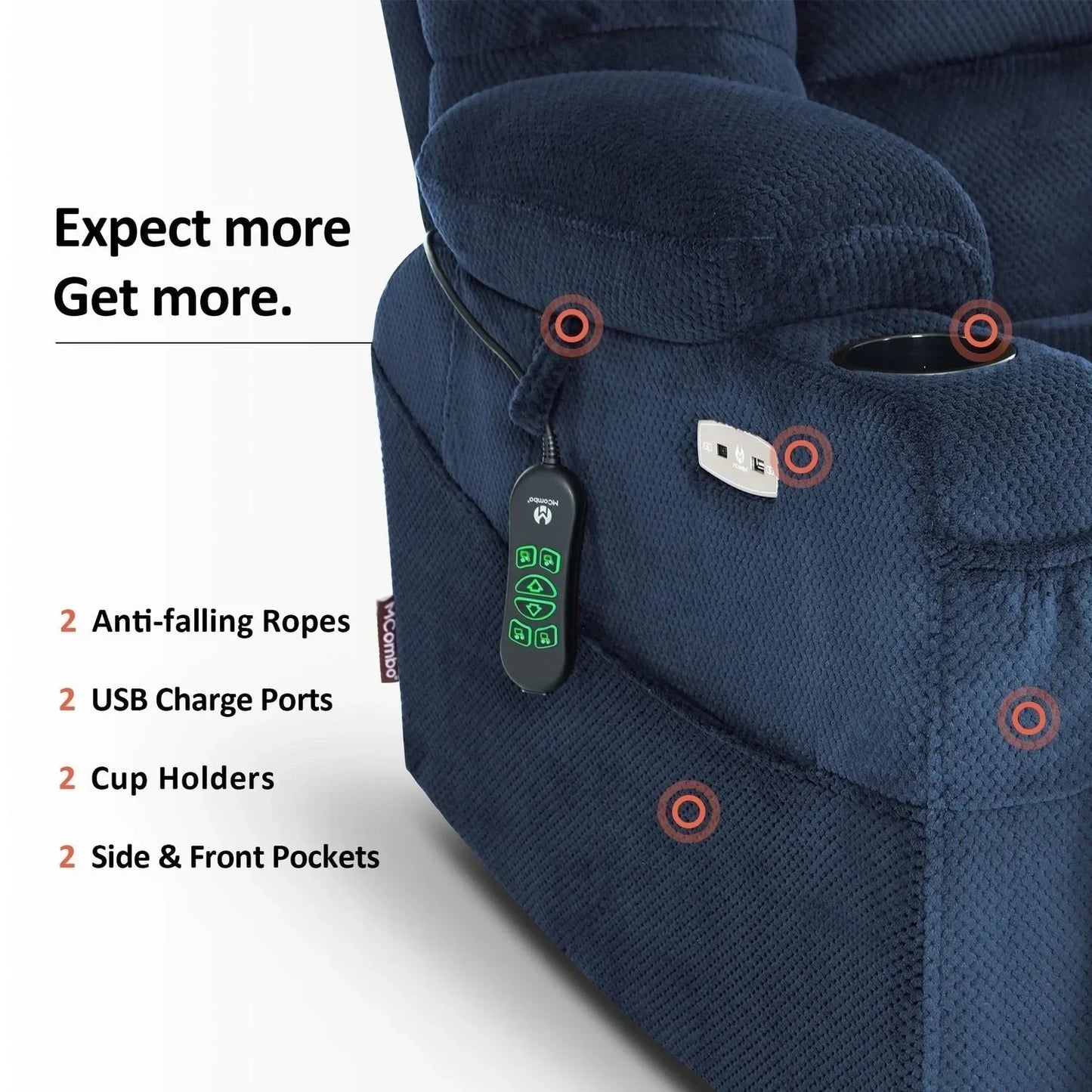 Fauteuil inclinable électrique double moteur grand et large MCombo avec massage et double chauffage pour personnes âgées de grande taille, tissu R7635