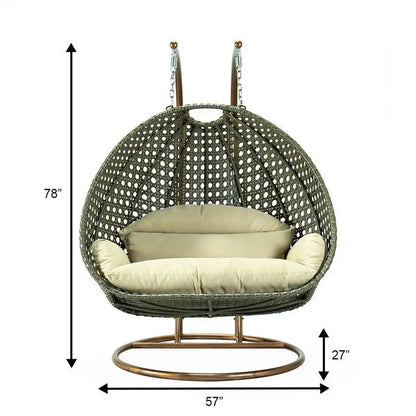 Fauteuil suspendu en forme d'œuf avec support métallique, cadre en osier et coussin – Beige / Bleu anthracite / Blanc / Bleu / Blanc antique / Marron / Toile, 2 places