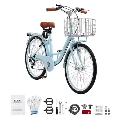 Vélo de croisière VEVOR, 7 vitesses, 26 pouces, bleu clair, avec grand panier et porte-bagages arrière, vélo de croisière sûr et robuste, bleu clair