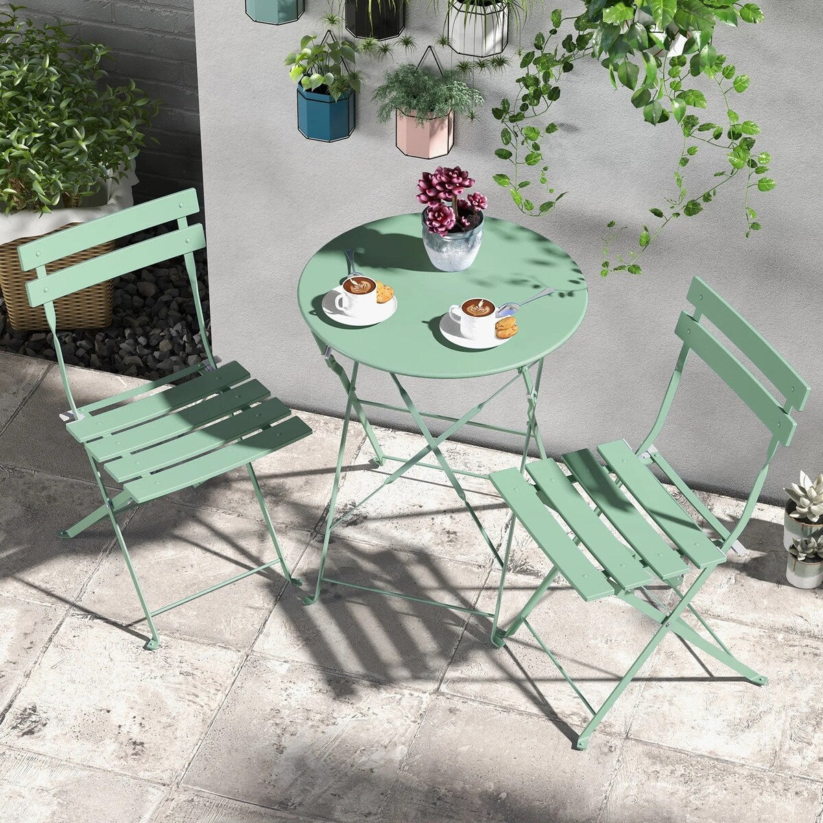 Ensemble bistrot pliant en métal 3 pièces, salon de conversation intérieur/extérieur résistant aux intempéries pour patio, cour, jardin