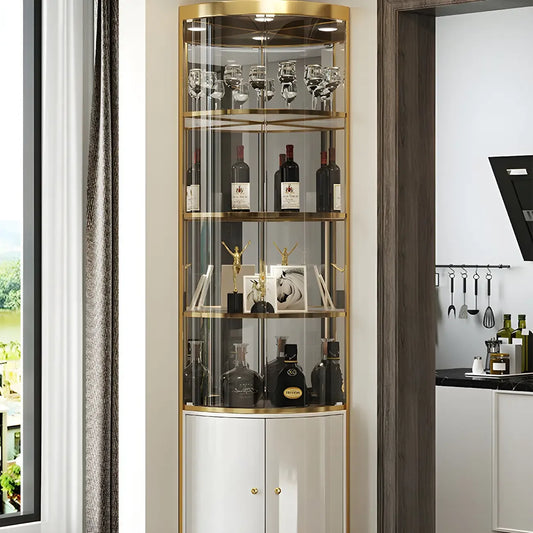 Vitrine d'angle arrondie en métal doré, verre et finition brillante Glam