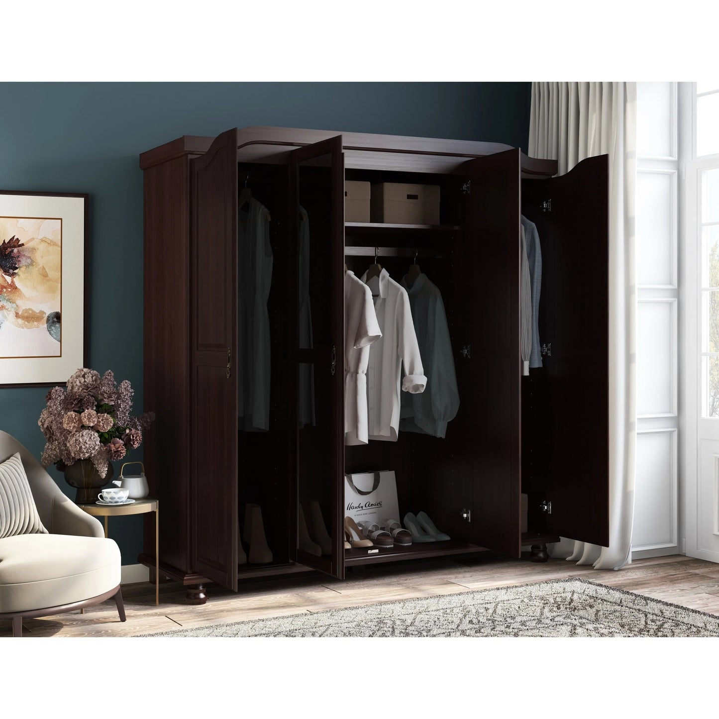 Palace Imports Kyle Armoire 4 portes 100 % en bois massif avec portes en bois massif ou portes miroir