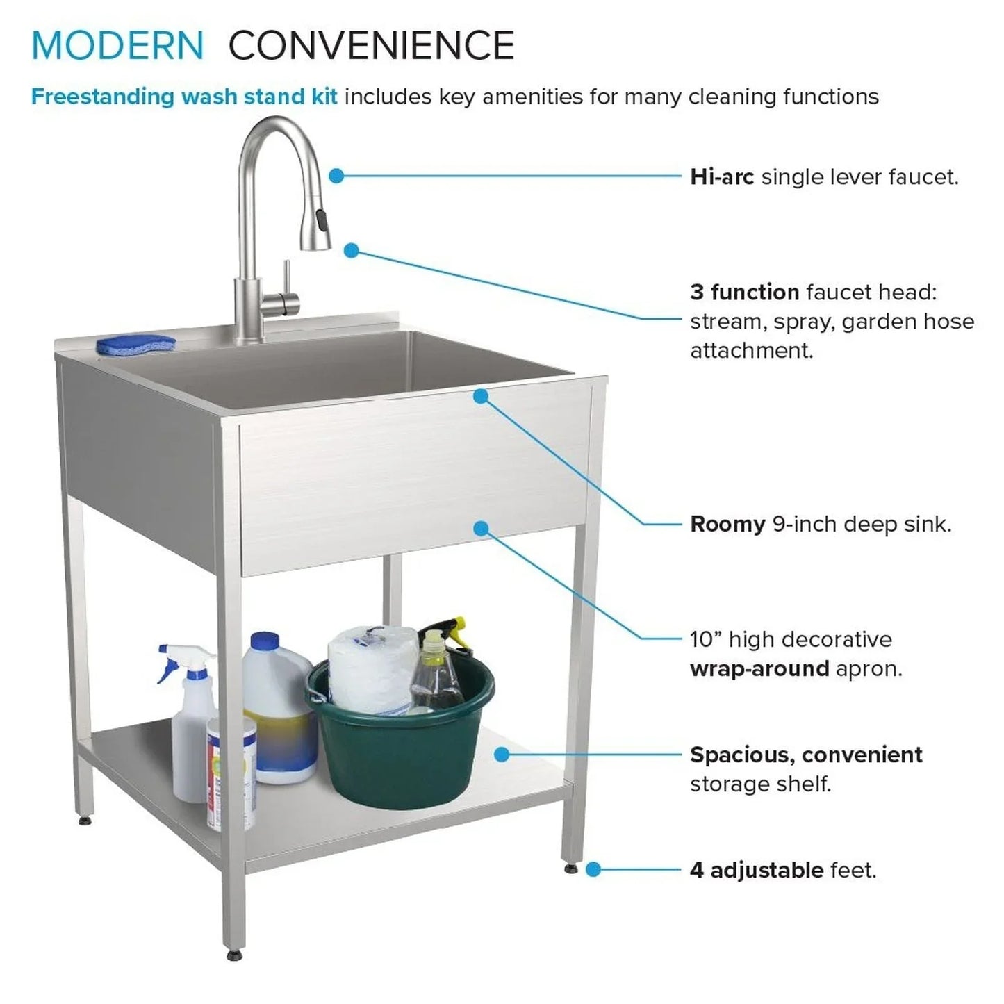 Transolid EWS-2422S Évier de buanderie et support de lavage en acier inoxydable de 24 po L x 22 po P x 35 po H - 24 po x 22 po
