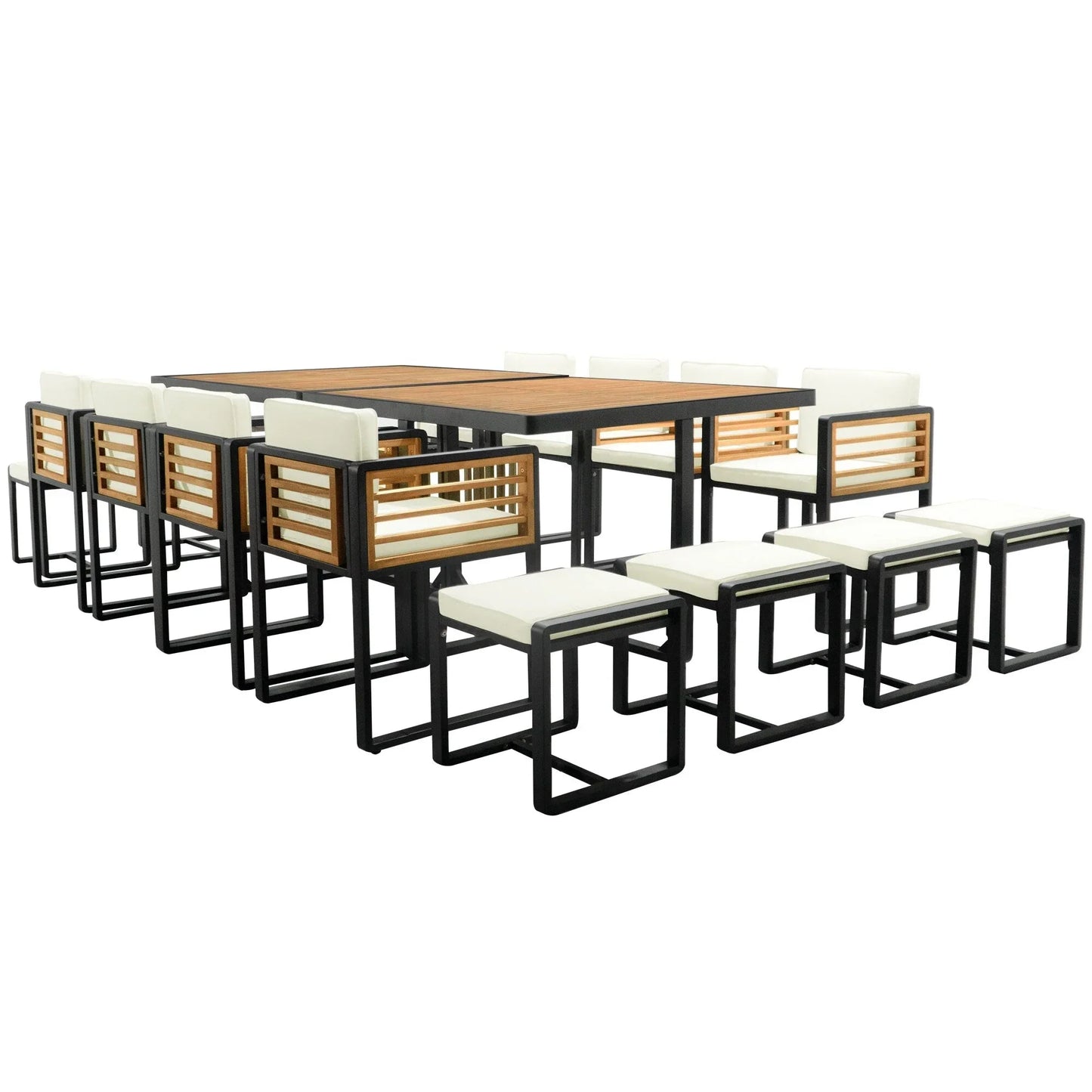 Ensemble de salle à manger d'extérieur 18 pièces en bois d'acacia, 8 chaises rembourrées, 8 poufs et 2 tables carrées