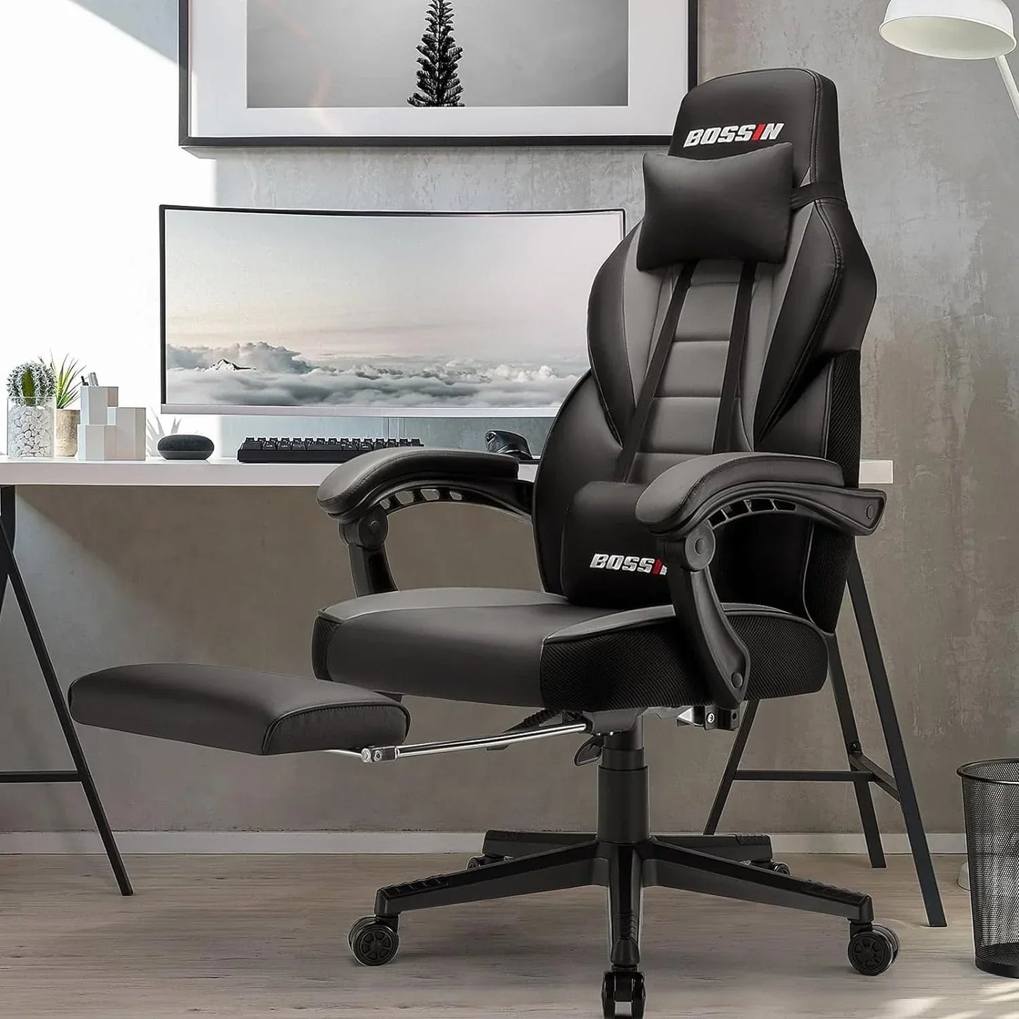 Chaise de jeu style course BOSSIN, fauteuil gamer grande taille 300 lb, chaise d'ordinateur à dossier haut