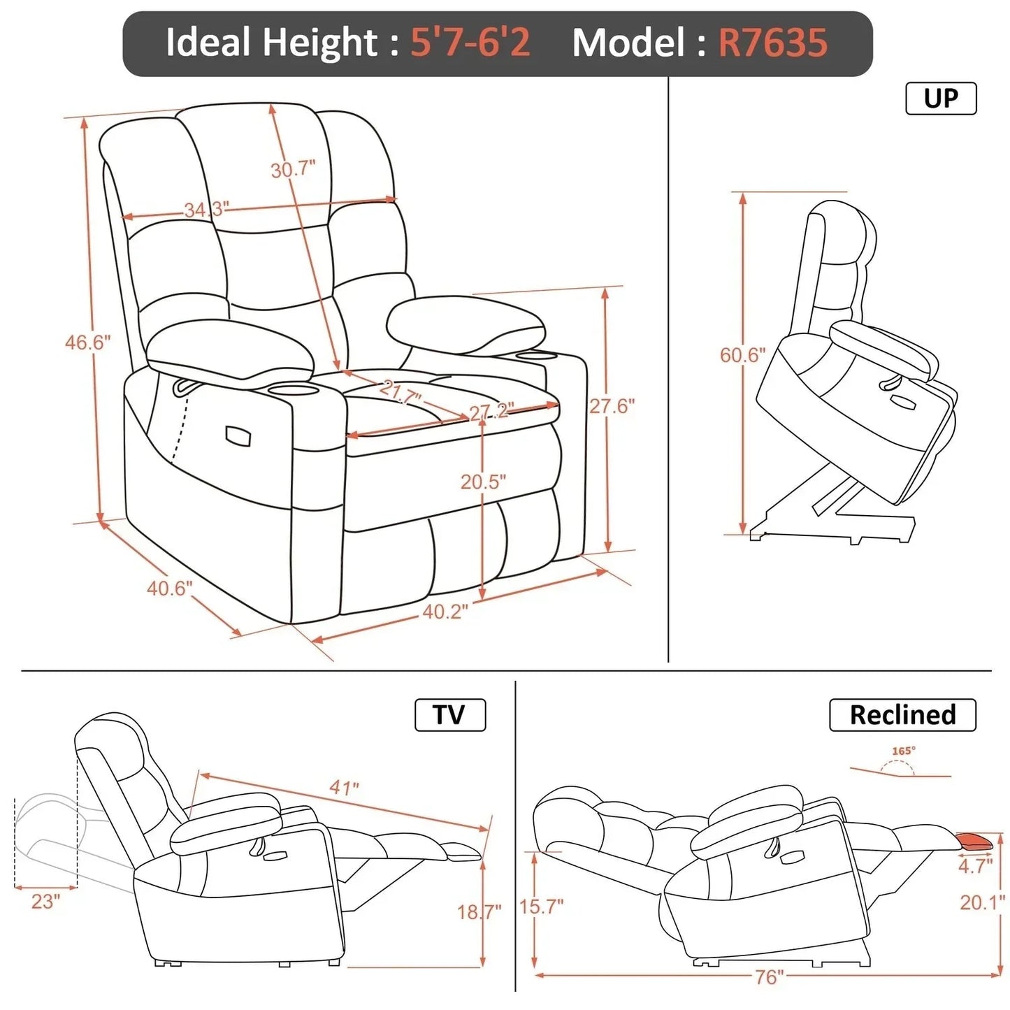 Fauteuil inclinable électrique double moteur grand et large MCombo avec massage et double chauffage pour personnes âgées de grande taille, tissu R7635