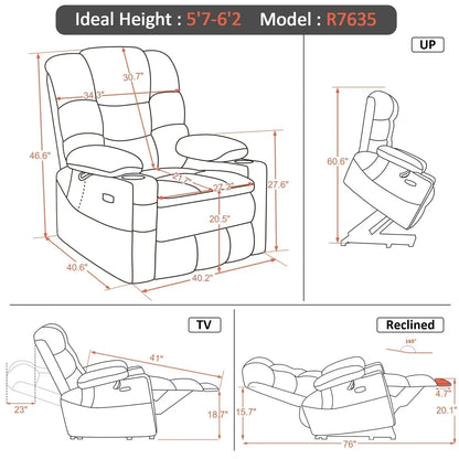 Fauteuil inclinable électrique double moteur grand et large MCombo avec massage et double chauffage pour personnes âgées de grande taille, tissu R7635