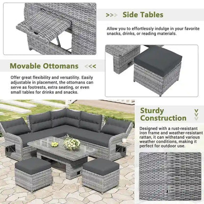 Ensemble de meubles de jardin en rotin avec table réglable, chaises longues et 2 poufs