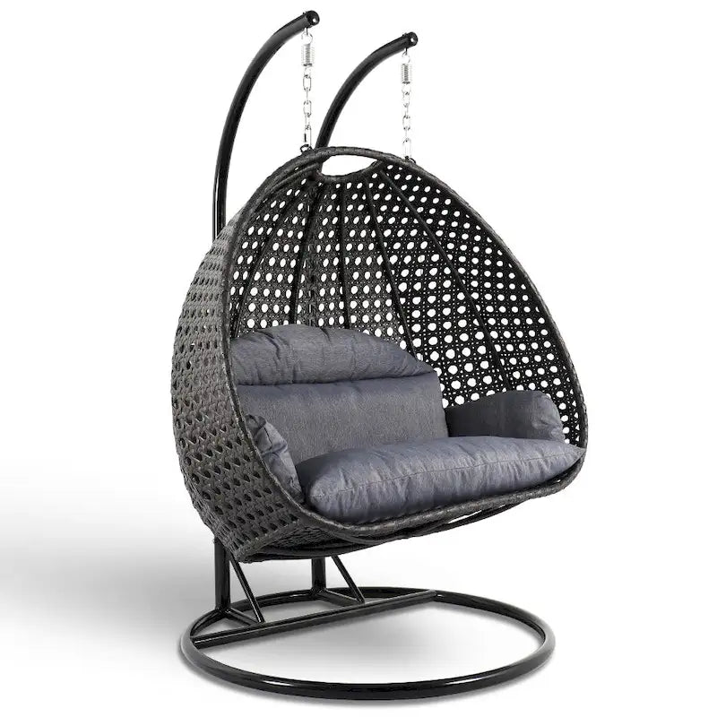 Fauteuil suspendu en forme d'œuf avec support métallique, cadre en osier et coussin – Beige / Bleu anthracite / Blanc / Bleu / Blanc antique / Marron / Toile, 2 places
