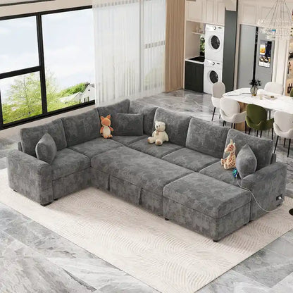 Canapé d'angle en chenille convertible, canapé-lit en forme de L avec pouf de rangement, 3 oreillers et dispositifs de charge