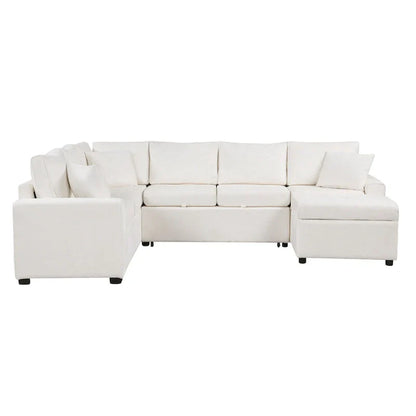 Canapé d'angle en chenille convertible, canapé-lit en forme de L avec pouf de rangement, 3 oreillers et dispositifs de charge