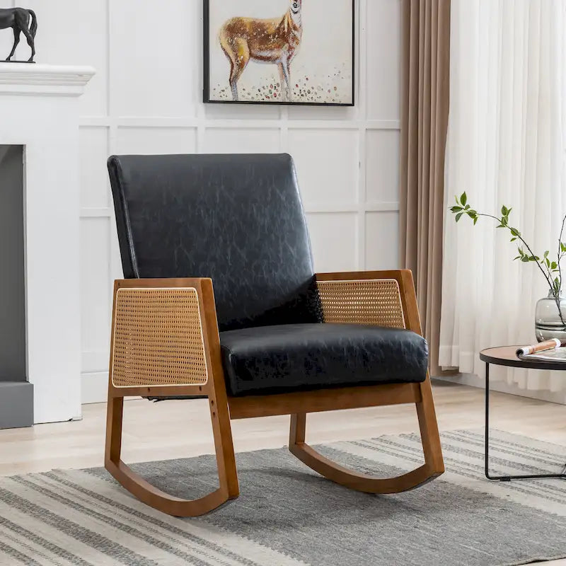 Fauteuil à bascule moderne SEYNAR en cuir PU avec accoudoirs en rotin