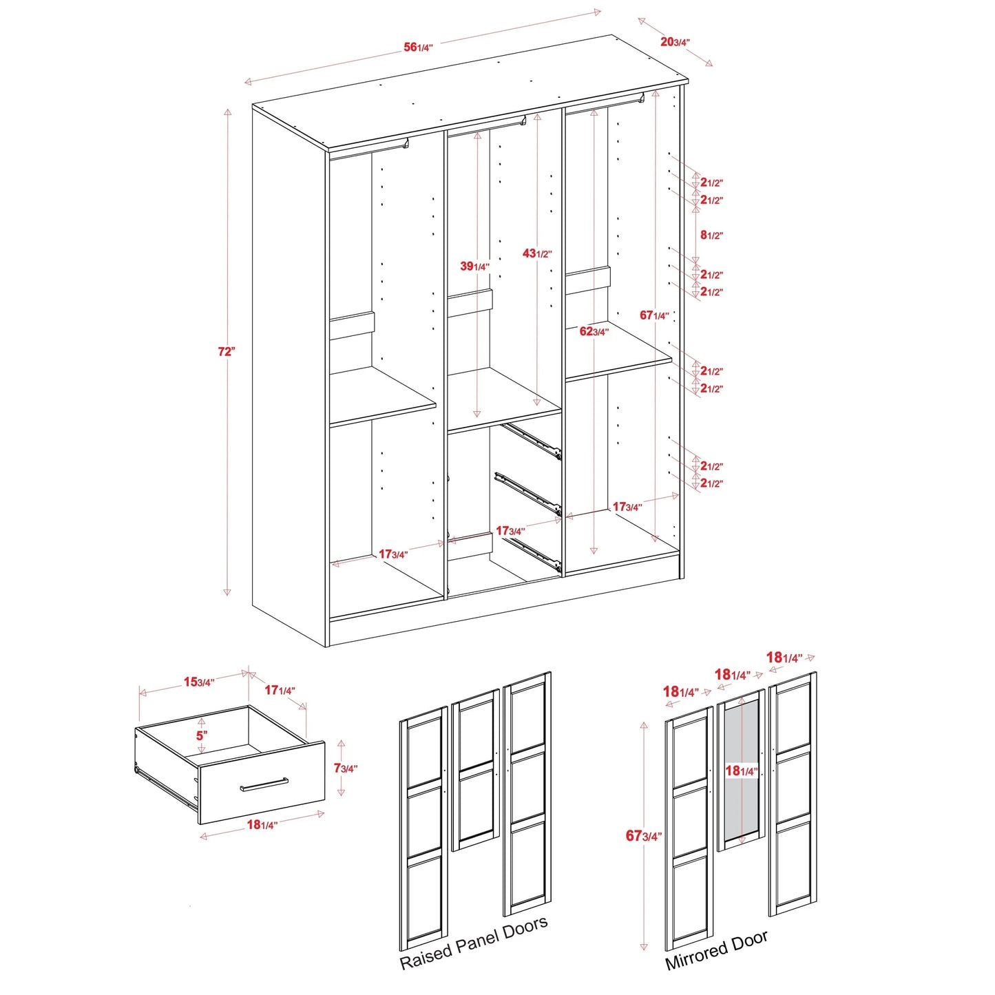 Palace Imports Armoire Cosmo 3 portes 100 % bois massif avec portes en bois massif ou portes miroir