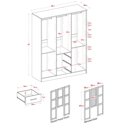Palace Imports Armoire Cosmo 3 portes 100 % bois massif avec portes en bois massif ou portes miroir