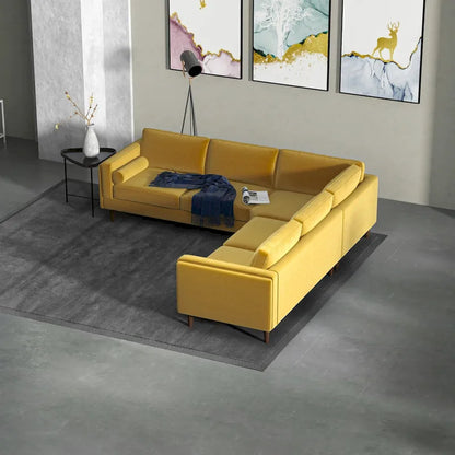 Flavio Mid Century Pillow Back Velvet Symmetrical Corner Sofa in Gold