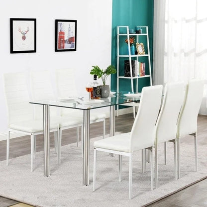 Ensemble de salle à manger 7 pièces en verre et chaises blanches (6 places)