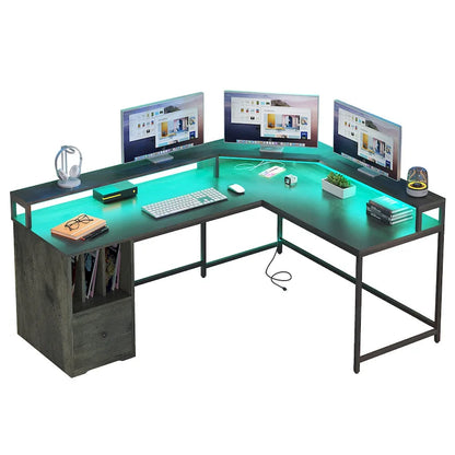 Bureau de jeu en L Moasis de 66 pouces avec étagères et support d'écran, bureau à domicile