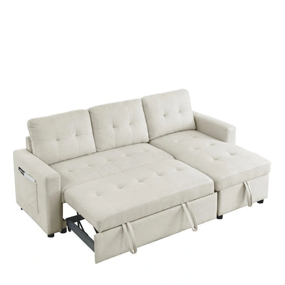 Canapé-lit sectionnel réversible beige de 78,5 pouces avec chaise longue de rangement et pochette latérale - 78,5 larg. x 49 prof. x 31 haut.
