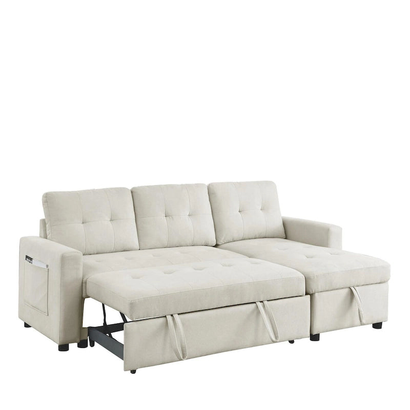 Canapé-lit sectionnel réversible beige de 78,5 pouces avec chaise longue de rangement et pochette latérale - 78,5 larg. x 49 prof. x 31 haut.