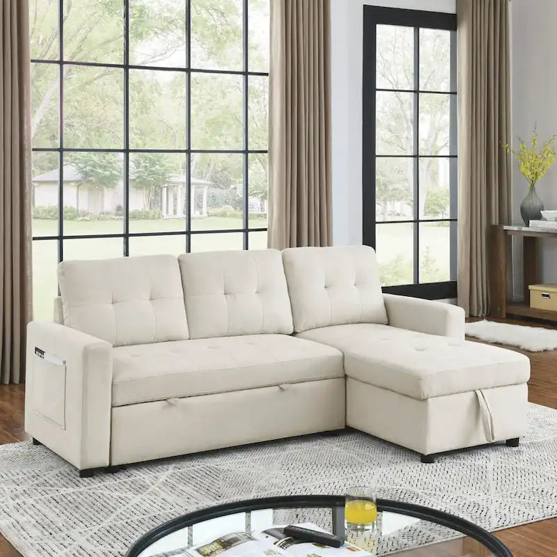 Canapé-lit sectionnel réversible beige de 78,5 pouces avec chaise longue de rangement et pochette latérale - 78,5 larg. x 49 prof. x 31 haut.