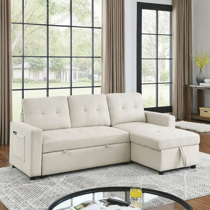 Canapé-lit sectionnel réversible beige de 78,5 pouces avec chaise longue de rangement et pochette latérale - 78,5 larg. x 49 prof. x 31 haut.